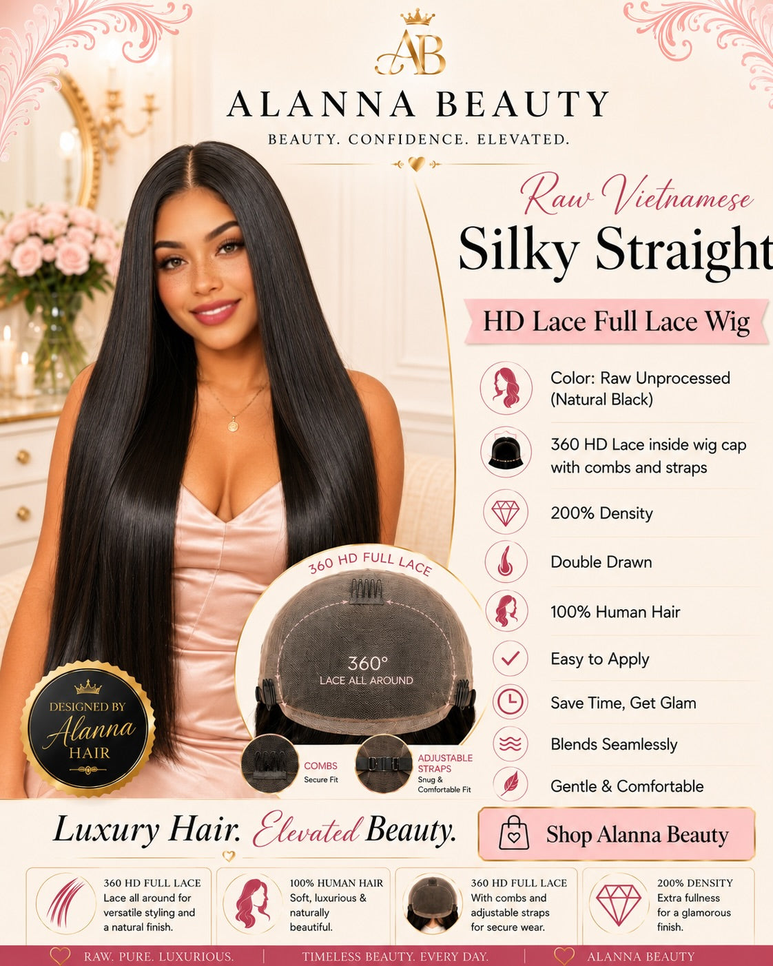 Raw Vietnamese Silky Straight HD Lace 360 Full Lace Wig