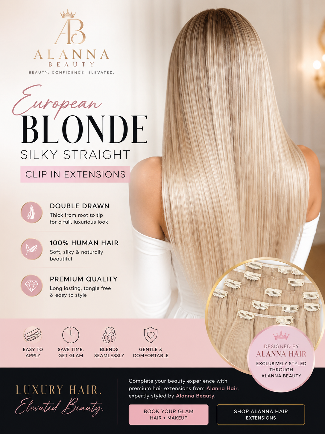 Ash Piano Blonde 4/27/613: European Blonde Silky Straight Clip In Extensions