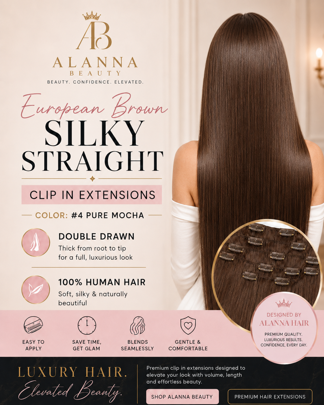 #4 Pure Mocha | European Brown Silky Straight Clip In Extensions