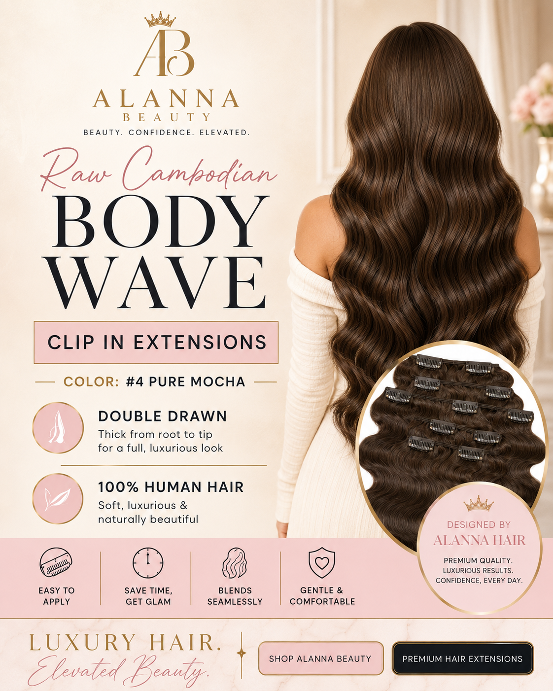 #4 Pure Mocha | Raw Cambodian Body Wave Clip In Extensions