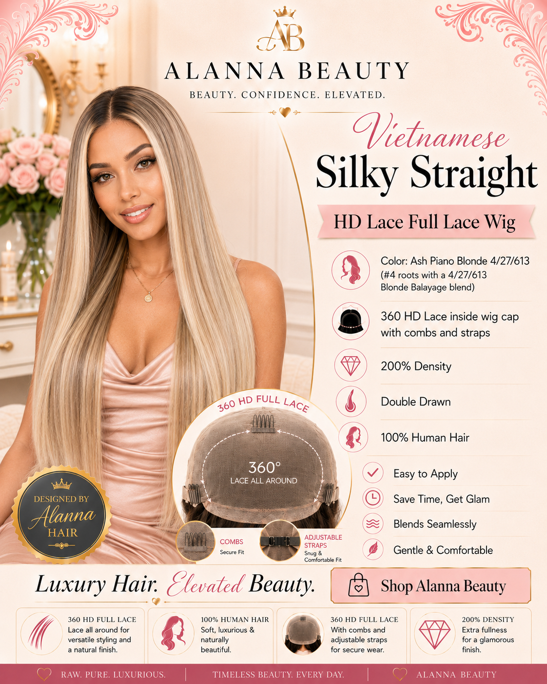 Vietnamese Silky Straight Ash Piano Blonde 4/27/613 — 360 HD Full Lace Wig